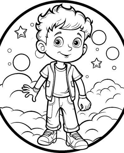 A boy in a vest stands inside a circle filled with clouds, stars, and bubbles.