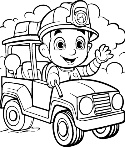 A boy in a helmet waves from the driver seat of a chunky jeep.