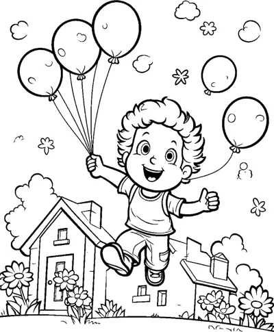 A curly-haired boy leaps holding balloons above houses and flowers.