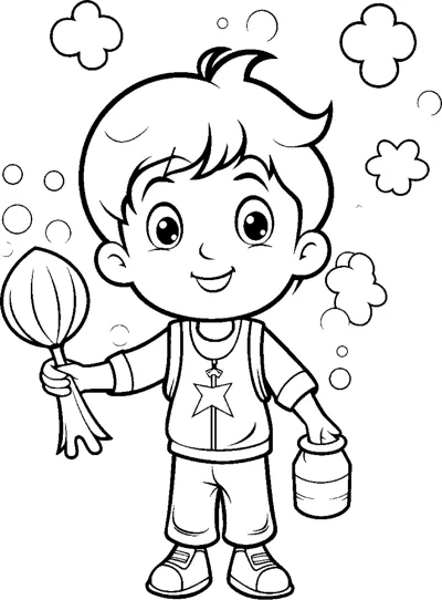 A boy holds a flower bulb in one hand and a small bucket in the other among bubbles.