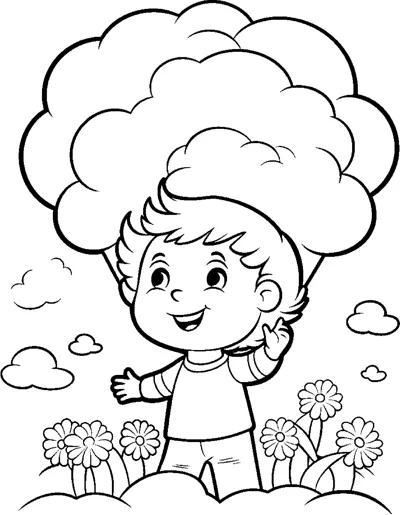 A boy stands in a flower patch beneath a huge puffy cloud.