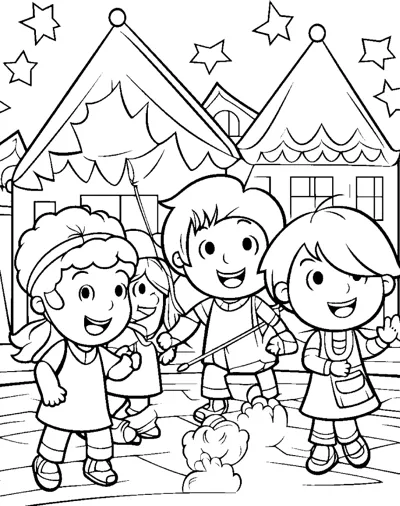 Three children cheer in a street lined with houses hung with bunting and stars.