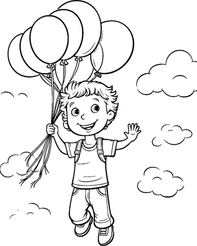A boy waves one hand while holding a bunch of balloons among clouds.