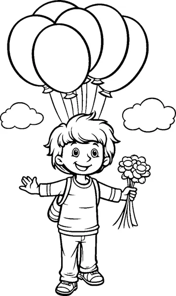 A boy holds four big balloons overhead and a small flower bouquet in his other hand.