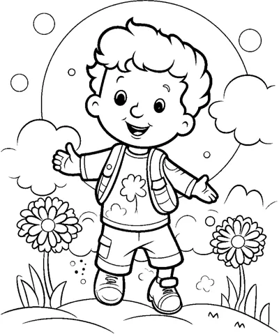 A curly-haired boy in a vest stands between tall sunflowers under a cloudy sky.