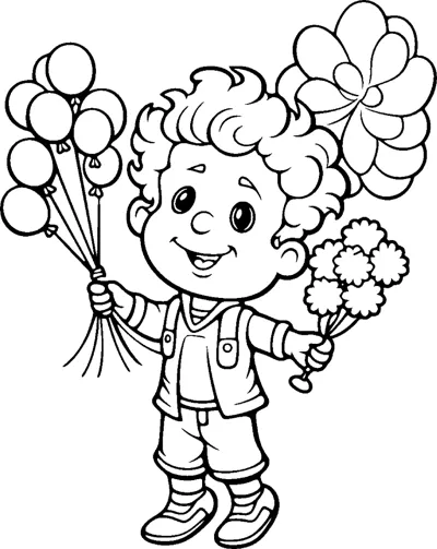 A curly-haired boy lifts balloons in one hand and a bunch of flowers in the other.