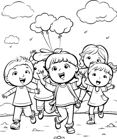 A group of children runs together beneath balloons and clouds.