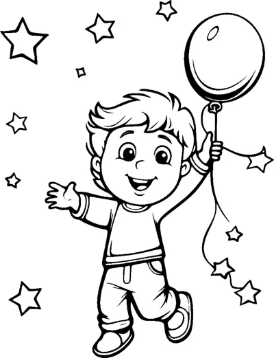 A boy holds a single balloon high while stars float around him.
