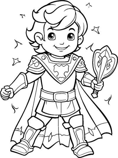 A boy in armor and a cape holds a shield while stars sparkle around him.