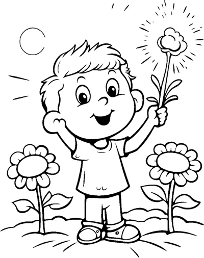 A boy holds up a fluffy dandelion while sunflowers grow on each side.