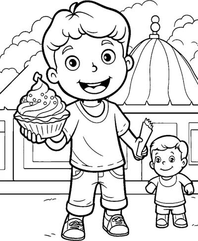 A big boy holds a cupcake while a smaller boy stands beside him near a building.