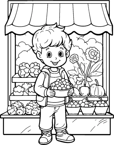 A boy with a backpack holds a basket in front of a market stall full of flowers and fruit.