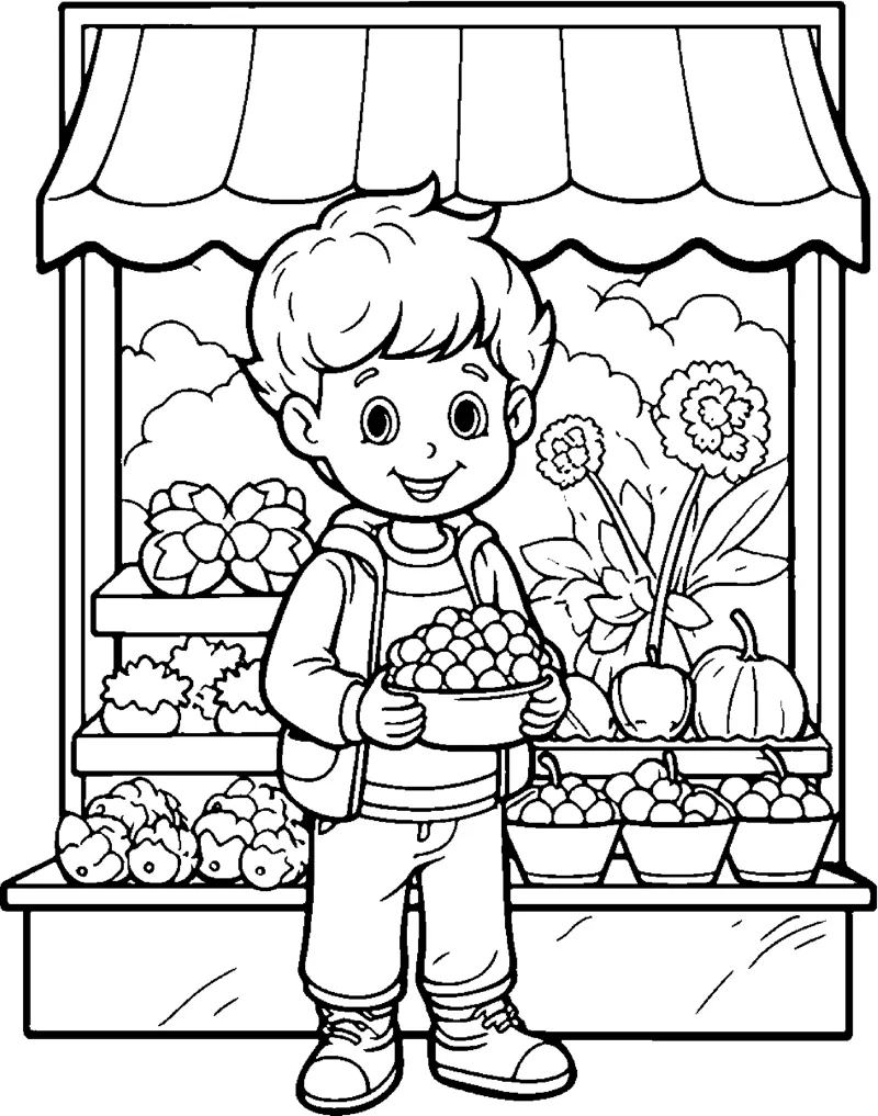 A boy with a backpack holds a basket in front of a market stall full of flowers and fruit.