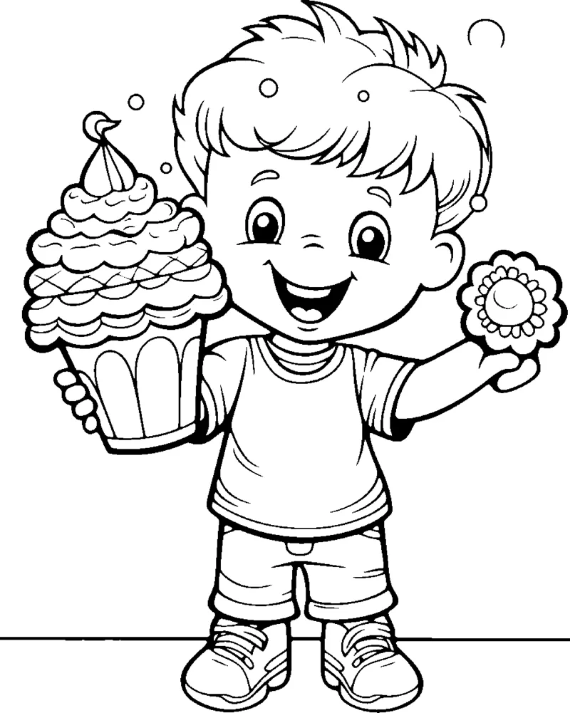 A grinning boy holds a huge swirled ice cream cone and a small flower.