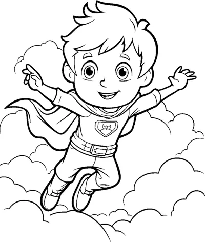 A boy in a cape and belt leaps with arms wide across a cloudy sky.