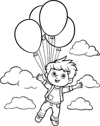 A boy floats upward holding three balloons high above the clouds.