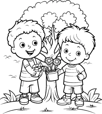 Two boys hold a pot of flowers together under a leafy tree.