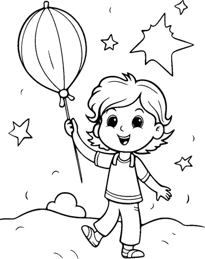 A boy walks on a hill holding one striped balloon while stars shine above.