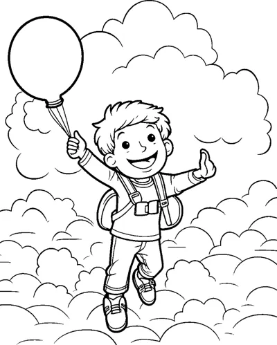 A boy with a backpack holds one balloon and waves while standing on clouds.