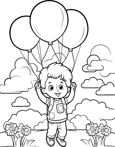 A boy holds a bunch of balloons between clouds and flowering bushes.