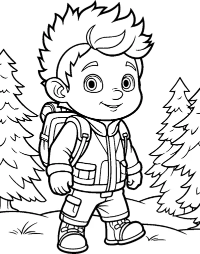 A spiky-haired boy in a jacket and backpack stands among tall pine trees.