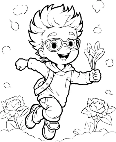 A boy in glasses runs through a garden holding a bunch of flowers.