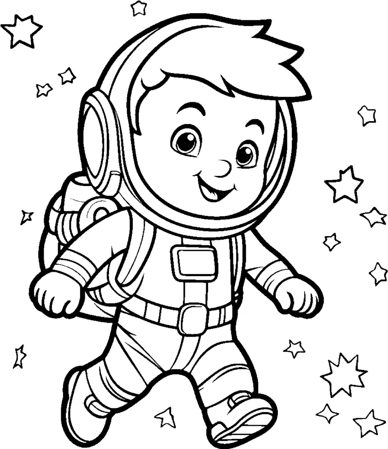 A boy in a spacesuit and helmet walks with stars scattered around him.