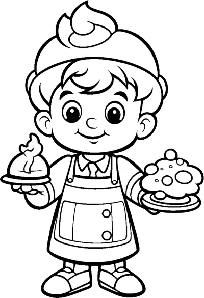 A boy in a cook's hat and apron carries a pizza and a small dish.