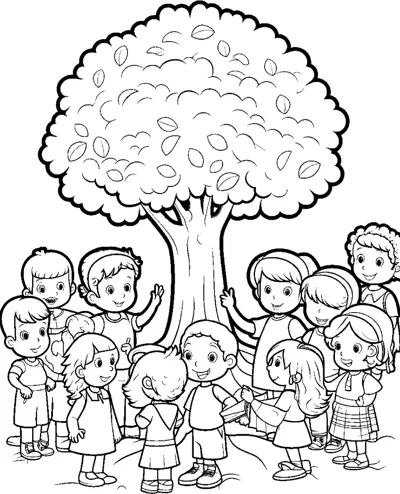 A large group of children stands beneath a wide leafy tree.