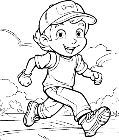 A boy wearing a cap runs across a park path with bushes and clouds behind him.