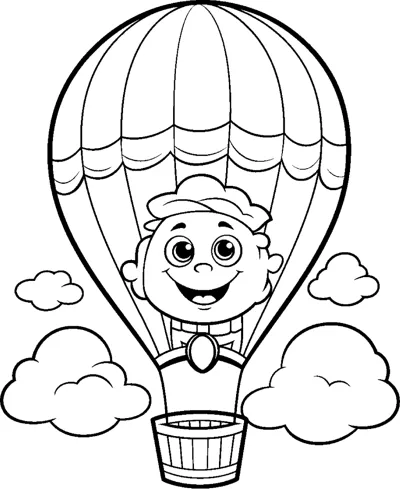 A boy in a cap peeks out of a striped hot air balloon basket among clouds.
