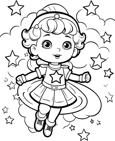 A curly-haired girl in a star dress twirls with stars and clouds around her.