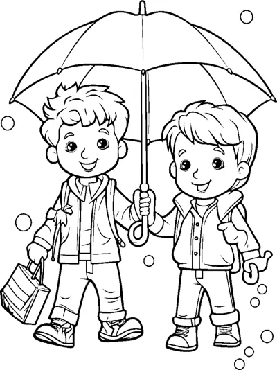 Two boys in jackets stand together under one large umbrella as rain falls.