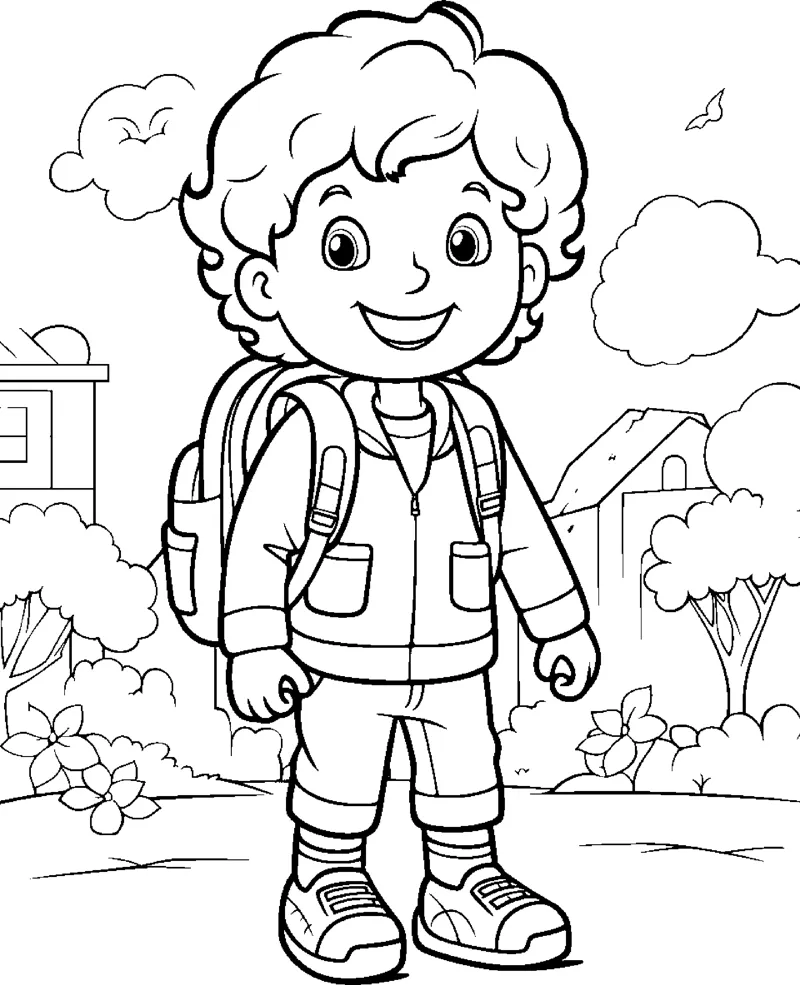 A curly-haired boy wearing a backpack stands on grass with a house behind him.