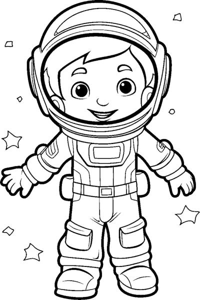 A boy in a spacesuit and helmet stands with arms spread among small stars.