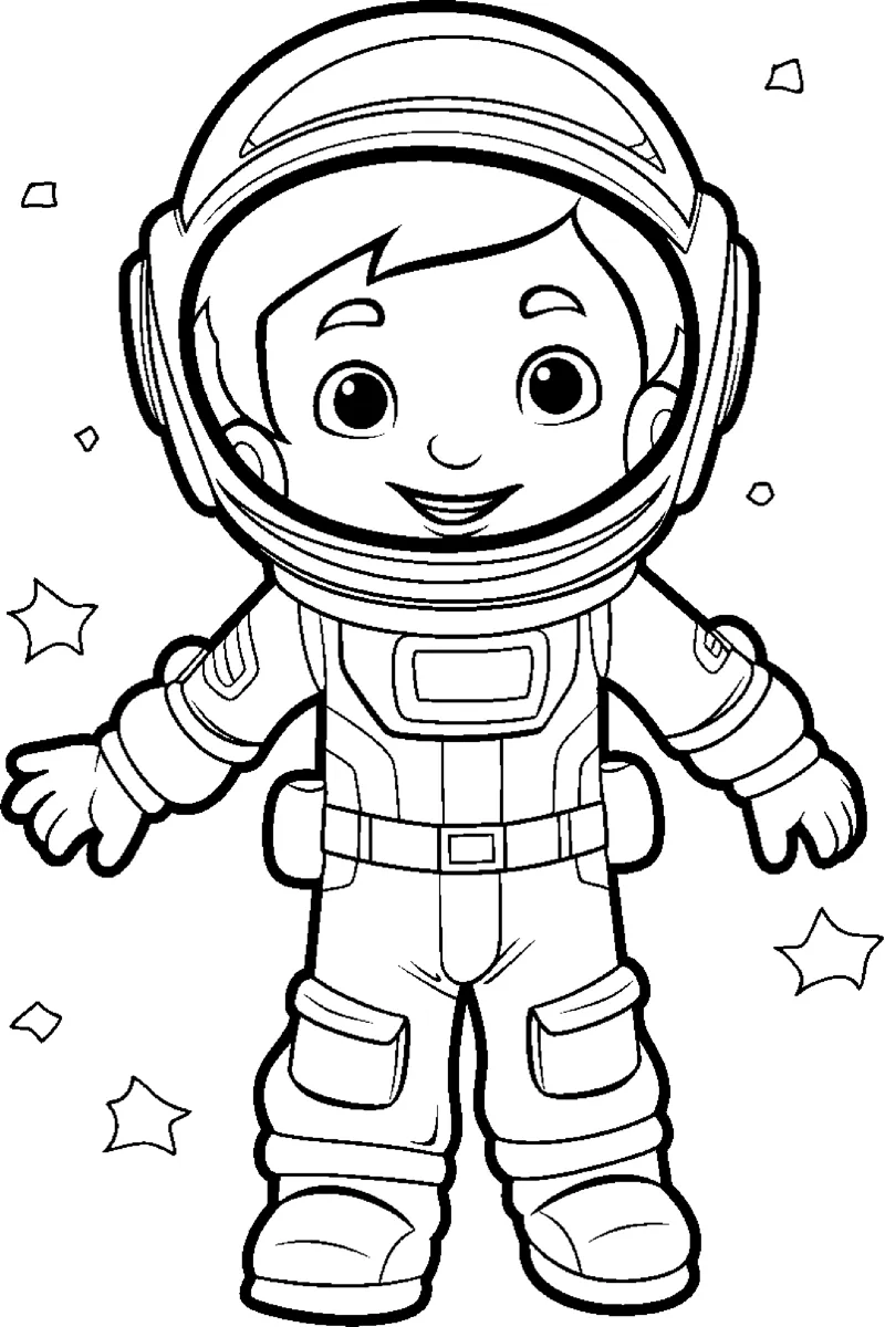 A boy in a spacesuit and helmet stands with arms spread among small stars.