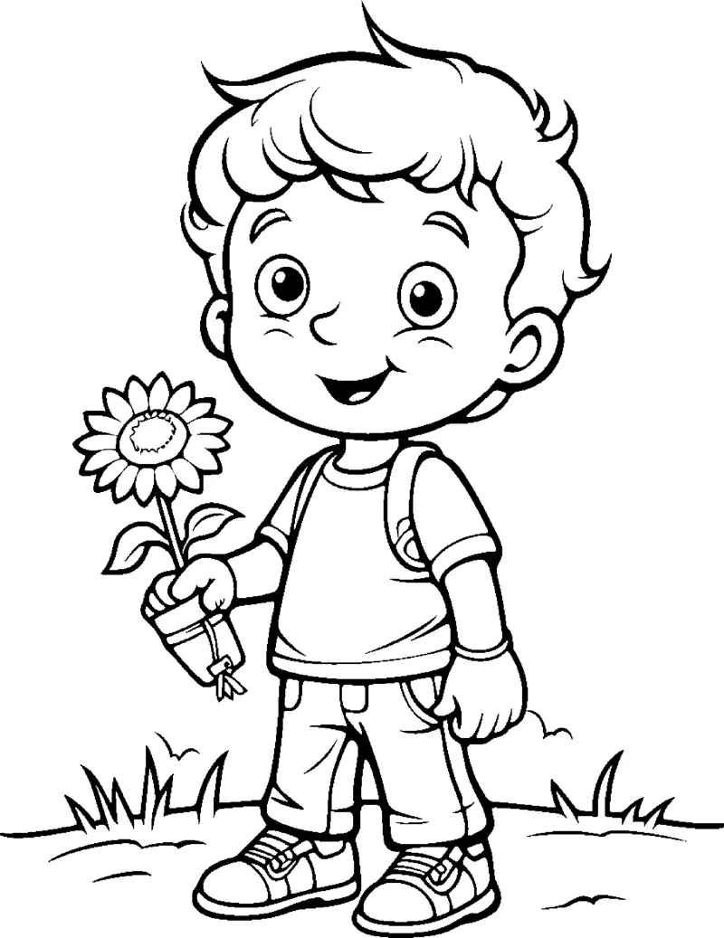 A curly-haired boy stands on grass holding one sunflower.