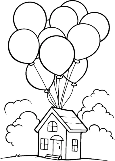 A small house floats beneath a large cluster of balloons above bushes.