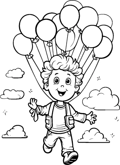 A boy floats among clouds with a huge bunch of balloons tied to him.