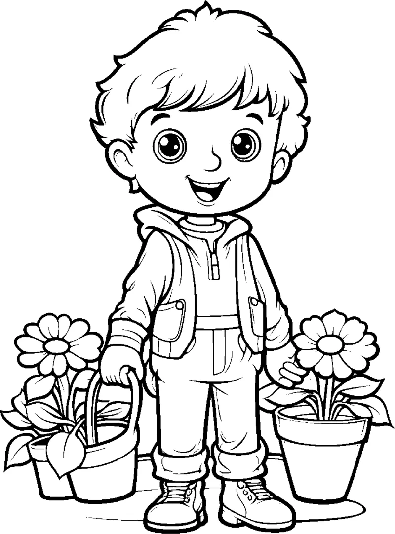 A boy in a vest stands holding a bucket between two pots of flowers.