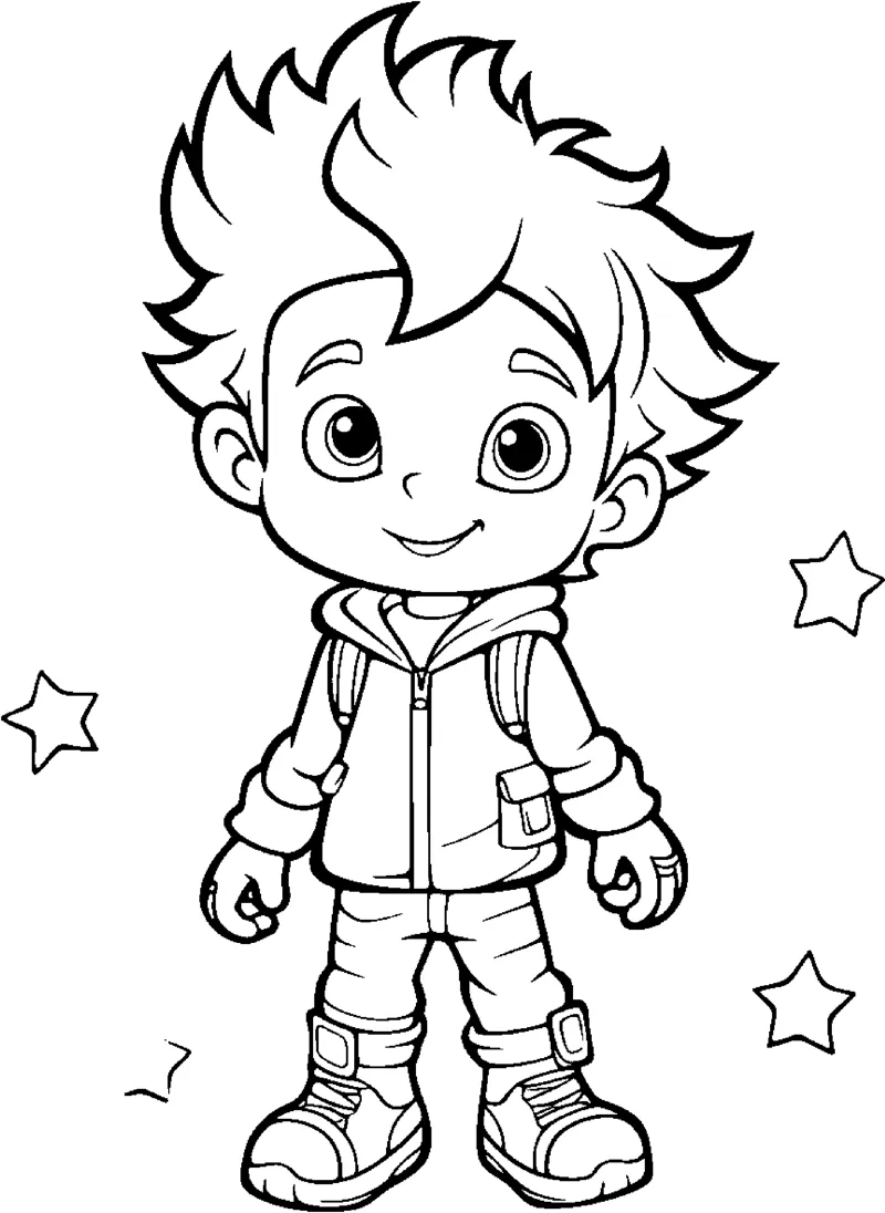 A boy with spiky hair stands in a zipped jacket with stars around him.