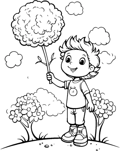 A boy stands among round trees holding up a branch with a puffy top.