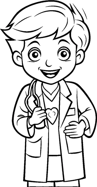 A boy in a doctor's coat with a stethoscope and heart badge stands smiling.