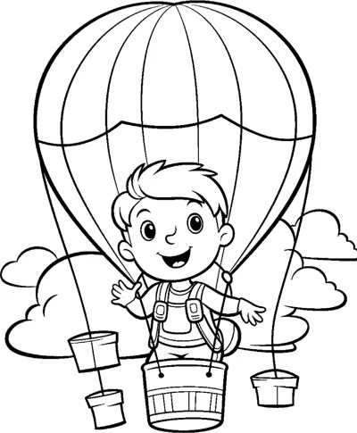 A boy in overalls hangs below a striped hot air balloon with buckets nearby.
