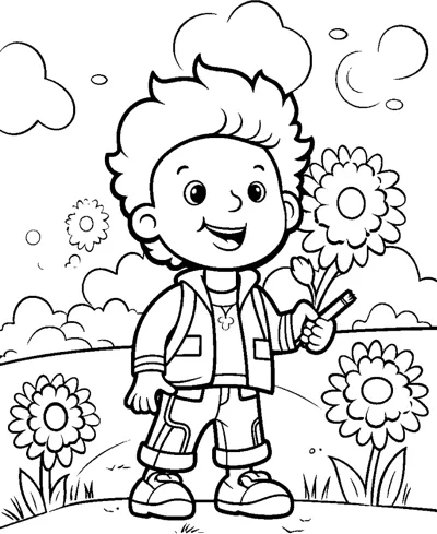 A spiky-haired boy holds a flower while sunflowers bloom around him.