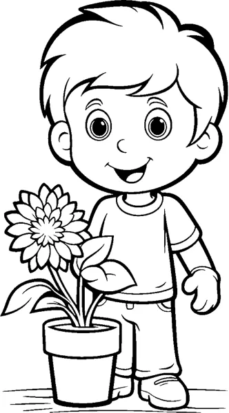 A boy stands next to a large flower growing in a pot.