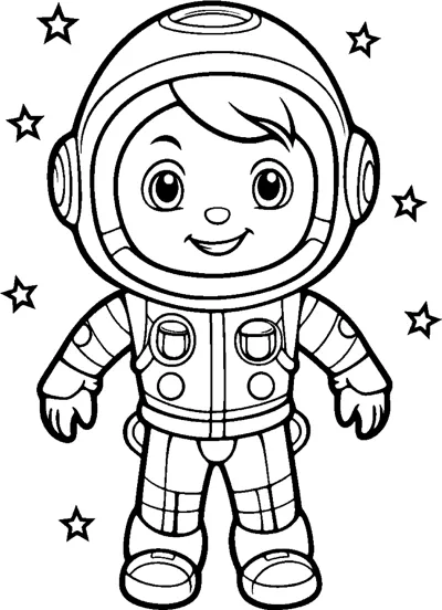 A boy in a boxy spacesuit and helmet stands with arms out among stars.