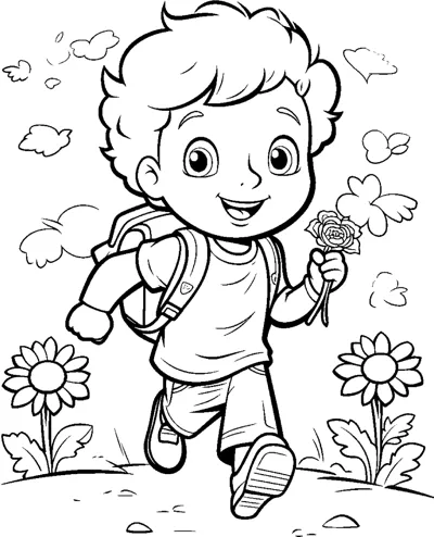 A boy with a backpack runs holding a small flower between sunflowers.