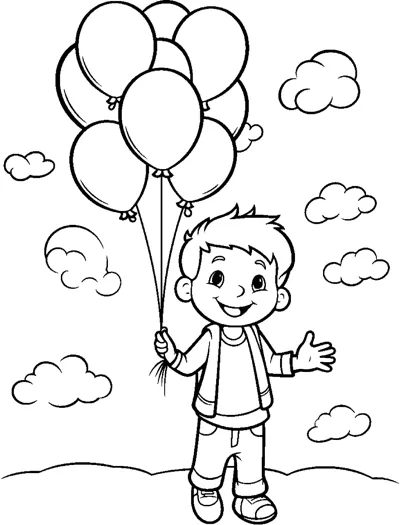 A boy holds three balloons and waves in a sky full of clouds.