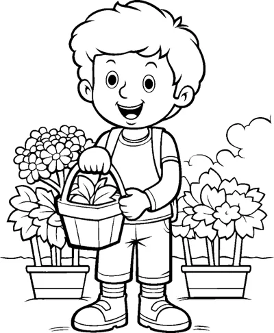 A boy carries a basket of flowers while standing between two pots of blooms.